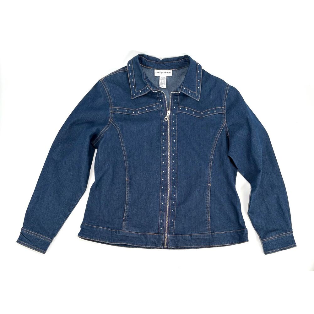 Cathy Daniels Denim Jean Jacket full zip Rhinestone Embellished Sz Large